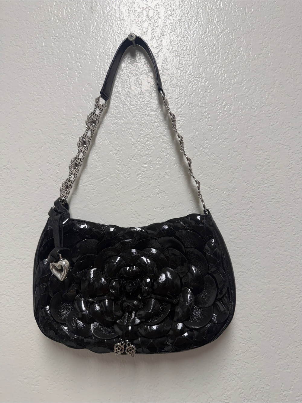 Brighton Black Patent Floral Shoulder Bag with Silver Hardware